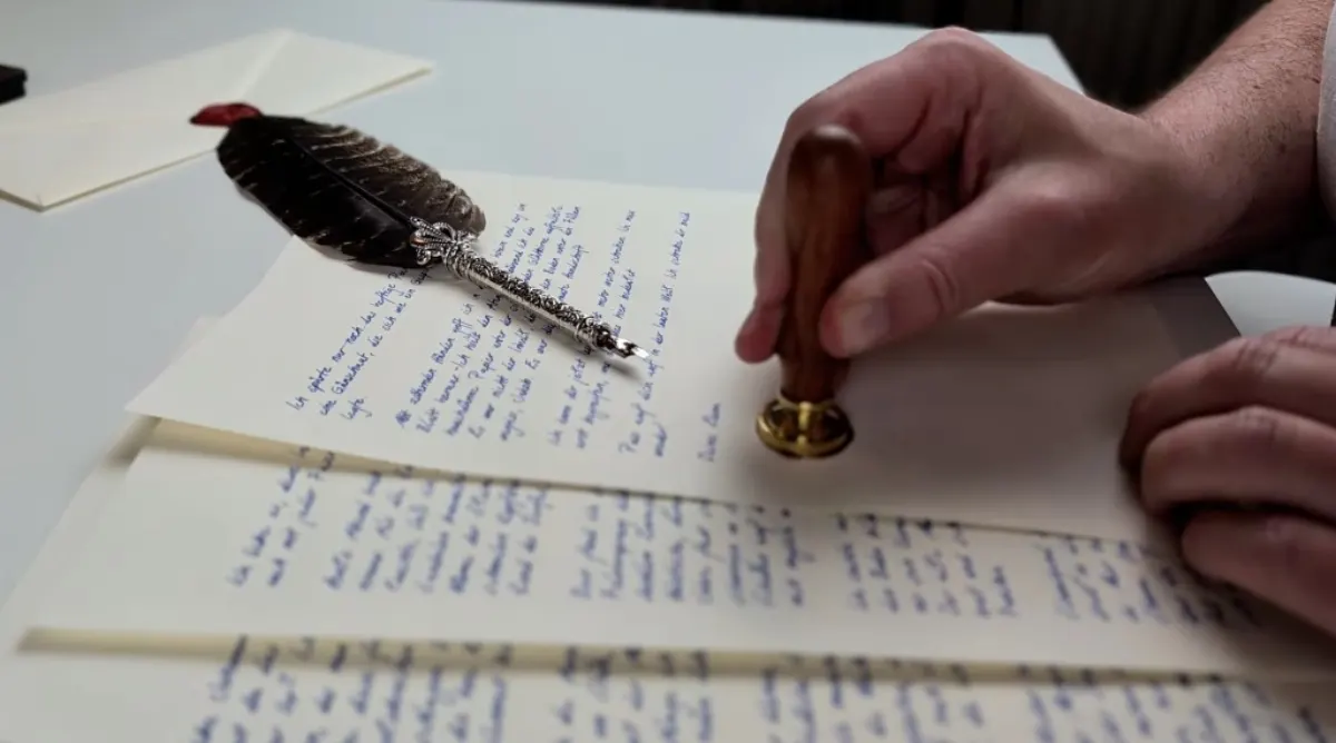 Handschriftlicher Brief mit Feder und Siegelstempel auf Leinenpapier